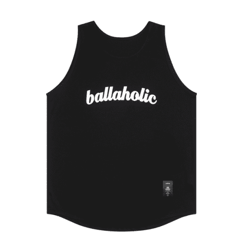 白文字で「ballaholic」と書かれた黒地のタンクトップの写真